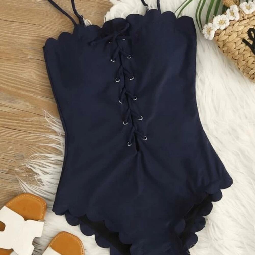 Shein Lace Up Front Scallop Bathing Suit Small Navy Blue One Piece Swimsuit